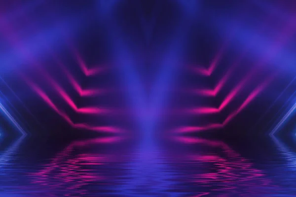 Abstract Dark Futuristic Background Neon Rays Light Reflected Water Background — Stock Photo, Image