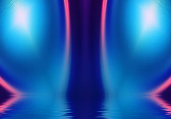 抽象暗い未来的背景 光のネオンは水から反射されます 空のステージショー ビーチパーティーの背景 3Dイラスト — ストック写真