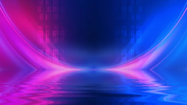 Abstract Dark Futuristic Background Neon Rays Light Reflected Water Background — Stock Photo, Image