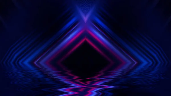 抽象暗い未来的背景 光のネオンは水から反射されます 空のステージショー ビーチパーティーの背景 3Dイラスト — ストック写真