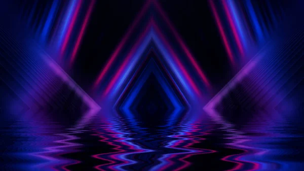 Absztrakt Sötét Futurisztikus Háttér Vízből Visszaverődnek Neonfények Háttérben Üres Színpadi — Stock Fotó