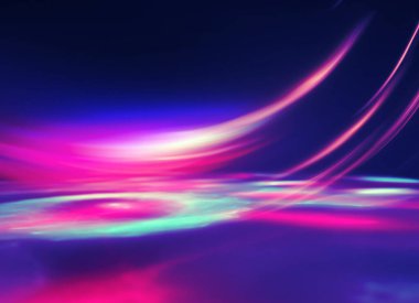 Karanlık ve soyut bir arkaplanda çok renkli neon şekiller. Boş sahne arkaplanı, bulanık neon morötesi ışık, bokeh.