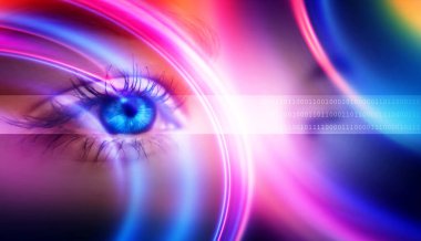 Kadın gözünün biyometrik taramasını kapat. Modern sanal gerçeklik kavramı. Karanlık ve soyut bir arka planda kadın gözü. Neon ışığı, hologram.