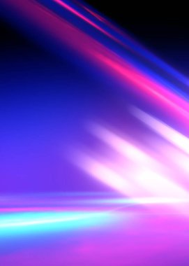 Karanlık, soyut bir arkaplan. Neon renkli ışıltı. Gece partisi, lazer gösterisi. Boş konser sahnesi arkaplanı, spot ışıklarının yansıması.