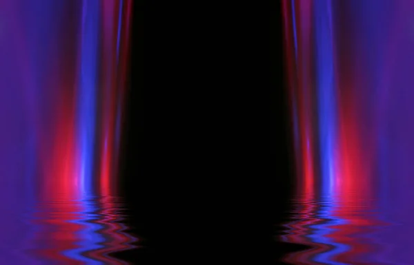 Absztrakt Sötét Futurisztikus Háttér Ultraibolya Neonsugarak Visszaverődnek Vízről Háttérben Üres — Stock Fotó