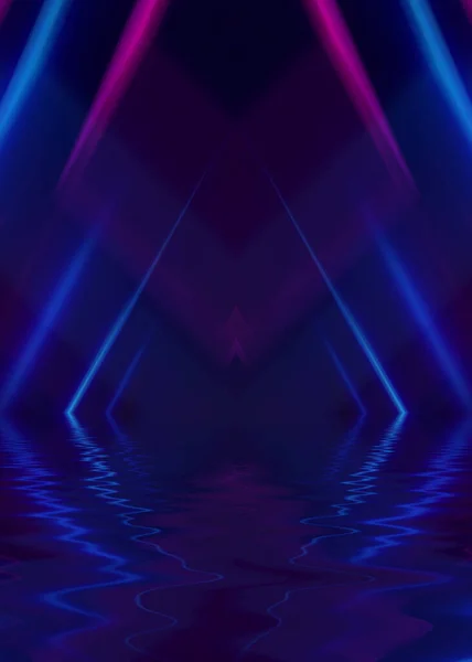 Absztrakt Sötét Futurisztikus Háttér Ultraibolya Neonsugarak Visszaverődnek Vízről Háttérben Üres — Stock Fotó