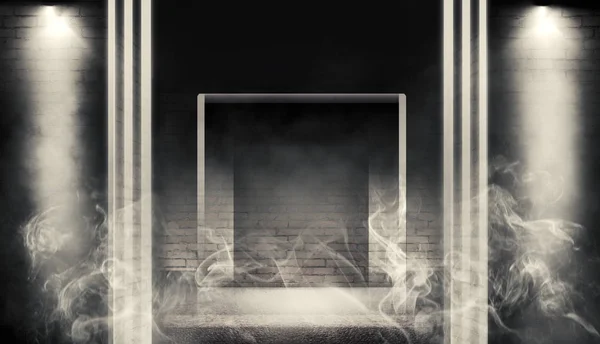 Background Of Empty Dark Room With Brick Walls Illuminated By Neon Lights With Laser Beams Smoke Elevator Black Stock Photo