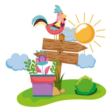 horoz ve houseplant Bahçe vektör tasarım ahşap ok