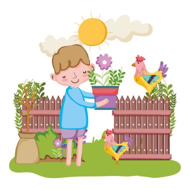 küçük çocuk çit ve horoz vektör çizim ile houseplant kaldırma