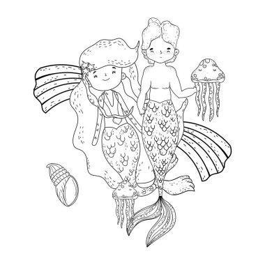 gökkuşağı denizaltı vektör çizim tasarımı ile çift deniz kızları