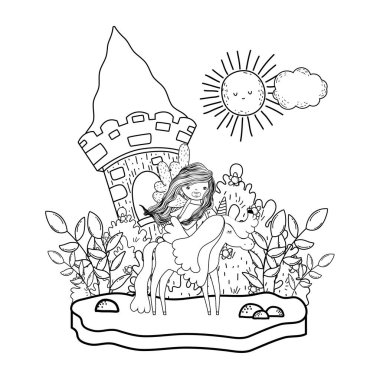 tek boynuzlu at ve peri manzara vektör çizim tasarım Kalesi