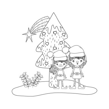 tatlı Noel Baba yardımcıları çift çimen vektör çizim tasarım