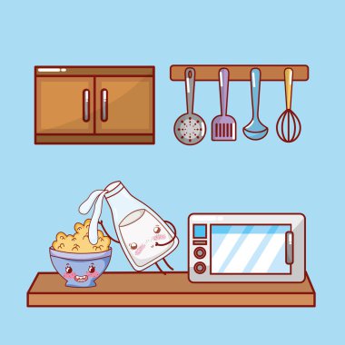 Mutfak raf mutfak eşyası ve malzemeler simgeler kawaii sevimli çizgi film cartoon
