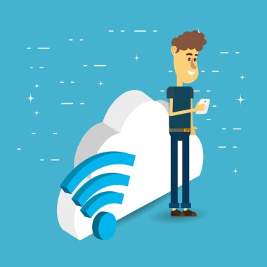 cep telefonu ve wifi simgesi karikatür tutan genç adam