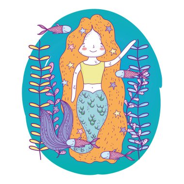 deniz yosunu vektör çizim tasarım ile deniz altında sevimli deniz kızı