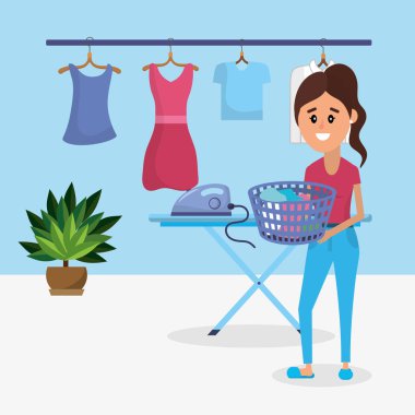 Çamaşır odası aletleri karikatür vektör çizim grafik tasarım ile kadın