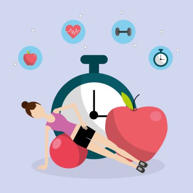 Genç kadın ile egzersiz topu ağırlıkları kronometre simgeler karikatür ile tonlama