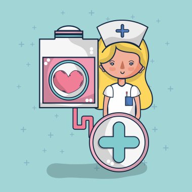 Kadın hemşire kan bağış toplama çanta karikatür vektör çizim grafik tasarım
