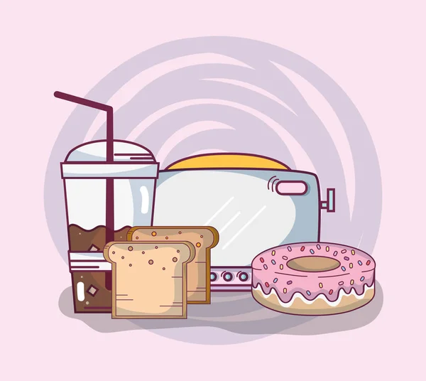 Frühstück Toasts Und Donuts Mit Kaffeetasse Vektor Illustration Grafik Design — Stockvektor