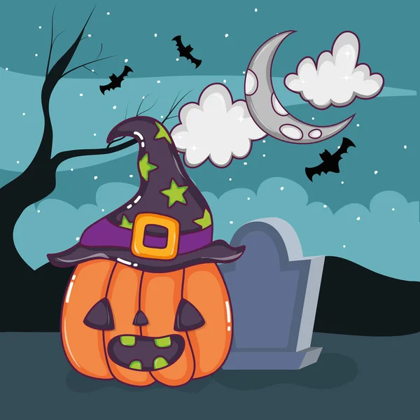 Strašidelné Halloween Karikatury Noční Scenérie Vektorové Ilustrace Grafický Design — Stockový vektor