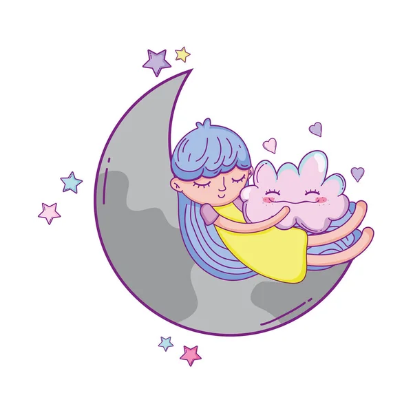 Bella Ragazza Sognando Sulla Luna Cielo Cartone Animato Vettore Illustrazione — Vettoriale Stock