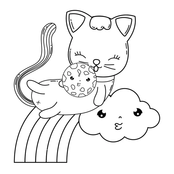 Gato Bonito Com Biscoito Projeto Ilustração Vetor Arco Íris — Vetor de Stock