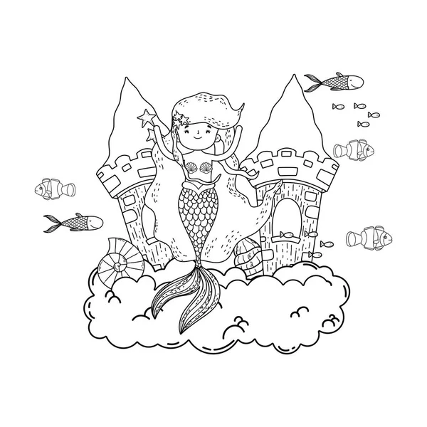 Meerjungfrau Mit Schloss Unterwasser Szene Vektor Illustration Design — Stockvektor