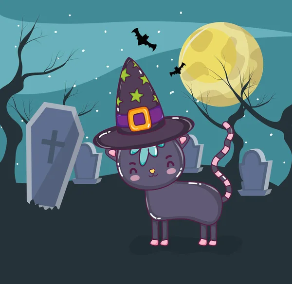 Halloween Kat Med Søde Skræmmende Elementer Natten Vektor Illustration Grafisk – Stock-vektor