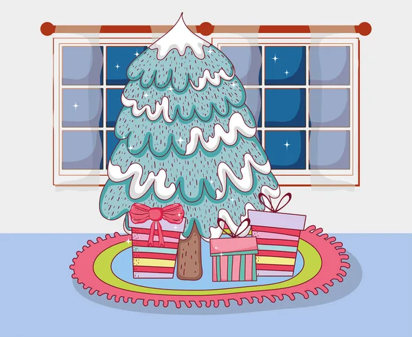 Merry Χριστουγεννιάτικο Δέντρο Δώρα Στο Σπίτι Σχεδιασμό Εικονογράφηση Διάνυσμα — Διανυσματικό Αρχείο