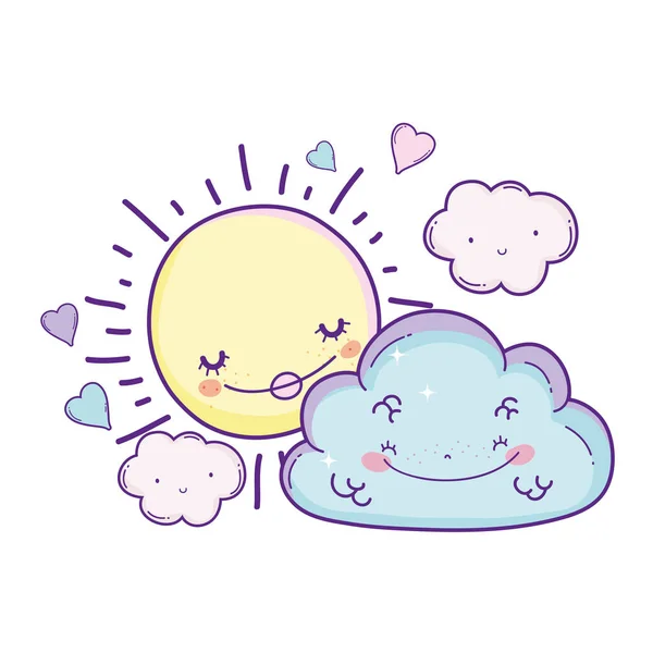 Sol Nubes Sonriendo Con Corazones Dibujos Animados Vector Ilustración Diseño — Vector de stock