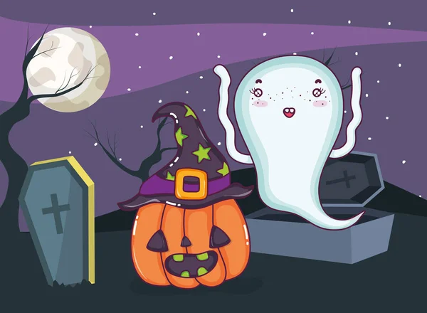 Halloweenské Noci Duchem Letící Hřbitov Kreslené Vektorové Ilustrace Grafický Design — Stockový vektor