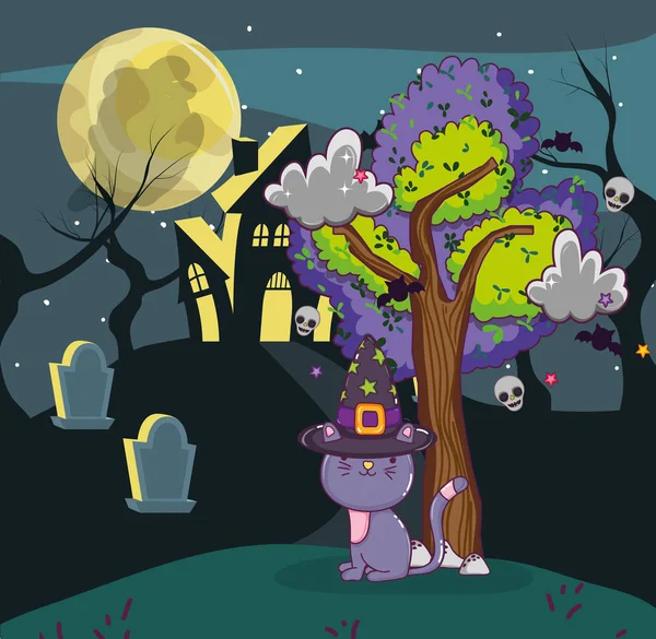 Halloween Nacht Mit Katze Und Geisterhaus Auf Dem Friedhof Cartoons — Stockvektor