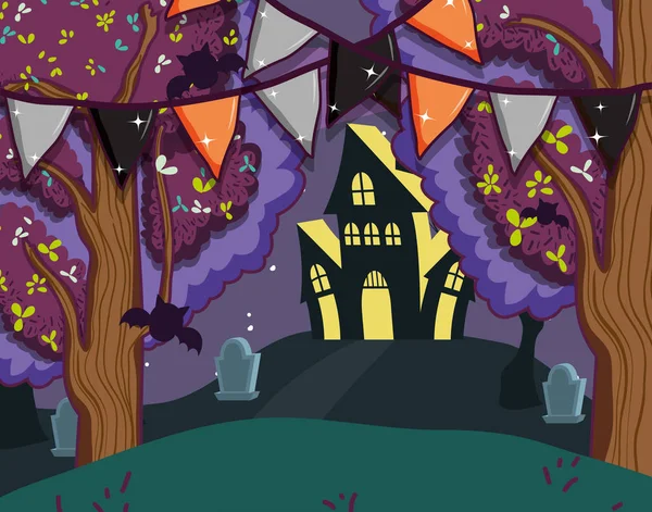 Halloween Casa Infestata Notte Cartone Animato Vettore Illustrazione Grafica — Vettoriale Stock