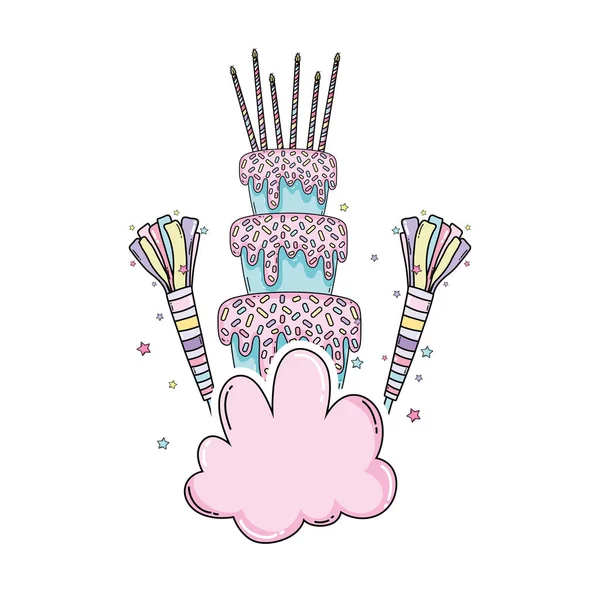Pastel Cumpleaños Las Nubes Con Dibujos Animados Confeti Lindo — Vector de stock