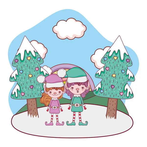 Niedliche Weihnachtsmann Helfer Paar Der Schneelandschaft Vektor Illustration Design — Stockvektor