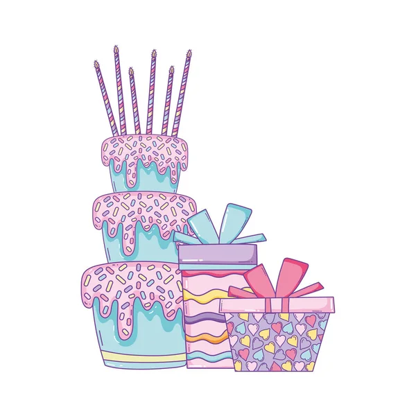 Joyeux Anniversaire Gâteau Boîtes Cadeaux Dessins Animés Illustration Vectorielle Conception — Image vectorielle
