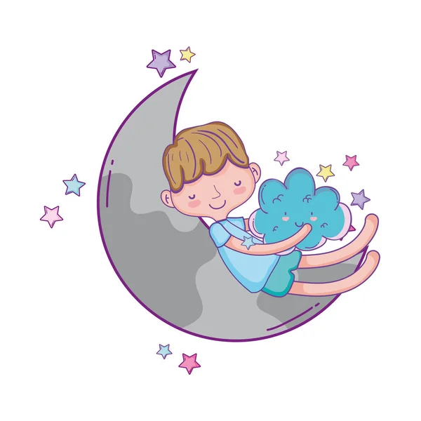 可爱的男孩在月亮上做梦在天空动画片向量例证平面设计 — 图库矢量图片