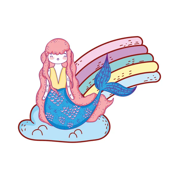 Simpatica Sirena Con Nuvole Arcobaleno Disegno Vettoriale Illustrazione — Vettoriale Stock