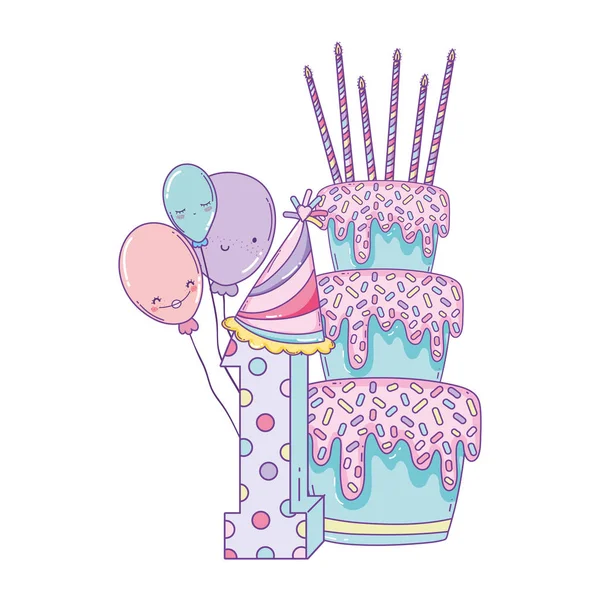 Pastel Cumpleaños Con Globos Dibujos Animados Número Uno Lindo — Vector de stock