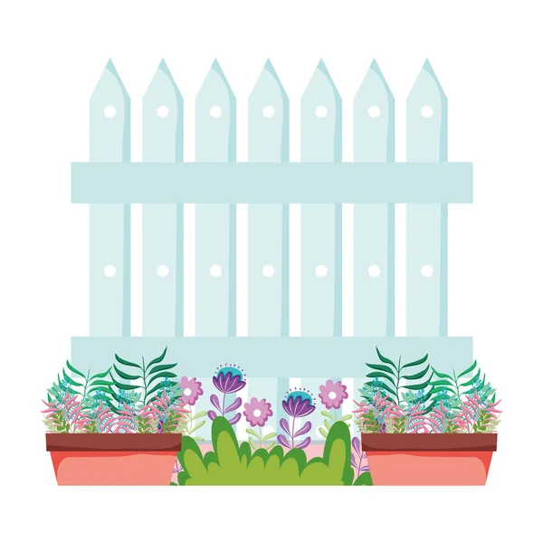 Trästaket Med Trädgård Blommor Scenformgivning Vektor Illustration — Stock vektor
