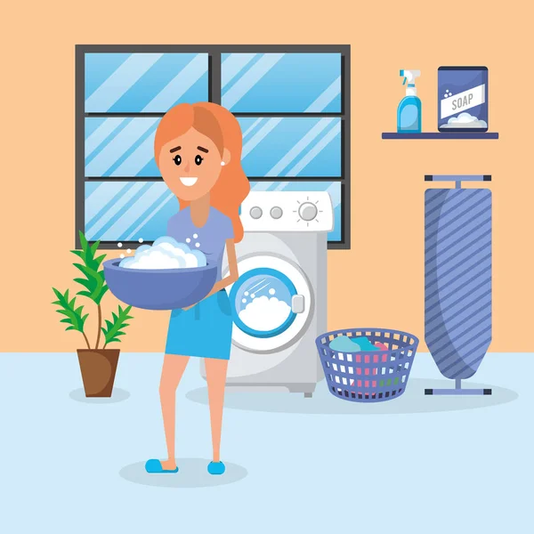 Kvinna Tvättstuga Med Apparater Tecknade Vektor Illustration Grafisk Design — Stock vektor