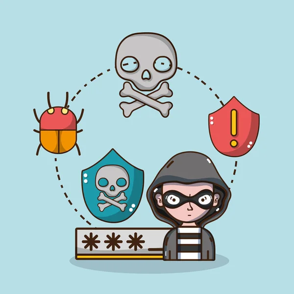 Hacker Systèmes Sécurité Éléments Technologiques Symboles Dessins Animés Illustration Vectorielle — Image vectorielle