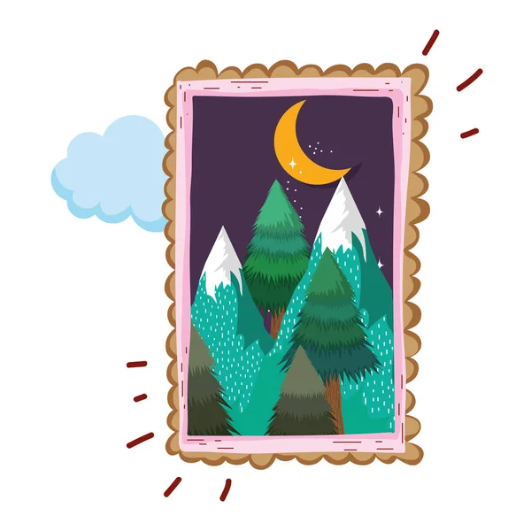 Paisagem Com Montanha Neve Quadro Quadrado Ilustração Vetor Noite — Vetor de Stock