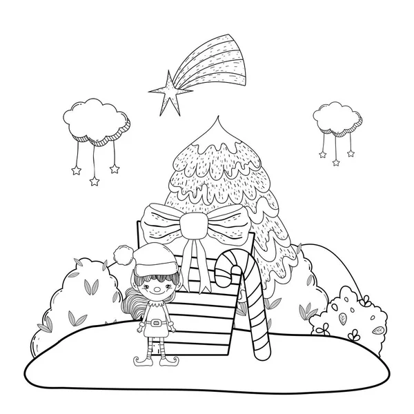 雪景色のベクトル イラスト デザインで贈り物にかわいいサンタさんのヘルパー — ストックベクタ