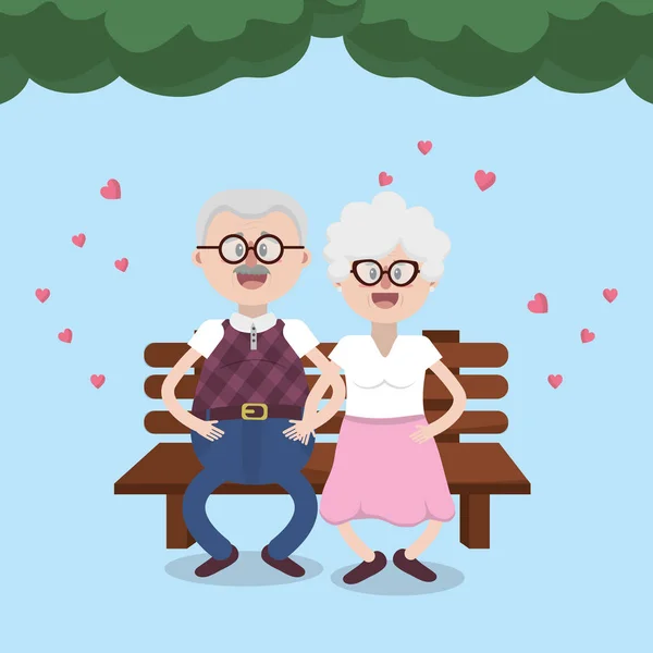 祖父母高齢者素敵なカップル ベンチ漫画ベクトル イラスト グラフィック デザイン — ストックベクタ