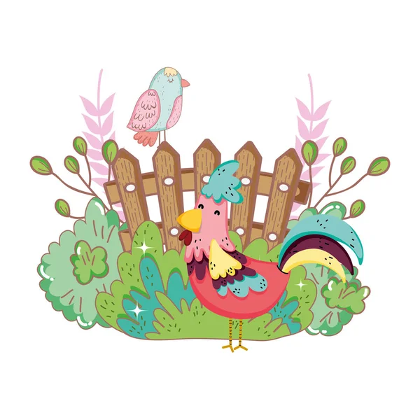 Haan Vogel Boerderij Met Tuin Hek Vector Illustratie Design — Stockvector