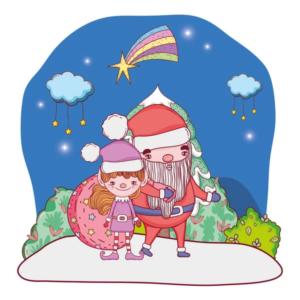 Santa Claus Tree Helper Snowscape Vector Illustration — Stock Vector