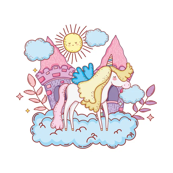 Cute Unicorn Clouds Castle Vector Illustration Design — Stock Vector