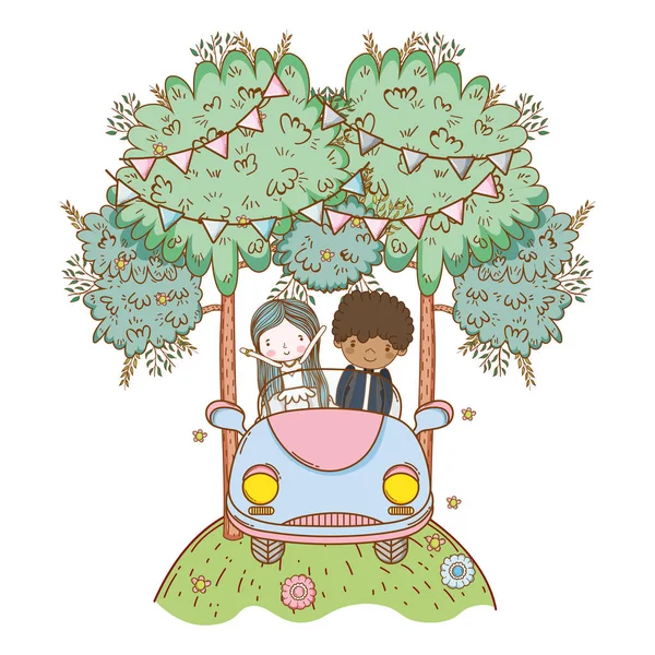 Düğün Çift Doğa karikatürler vektör çizim grafik tasarım, eski model araba üzerinde