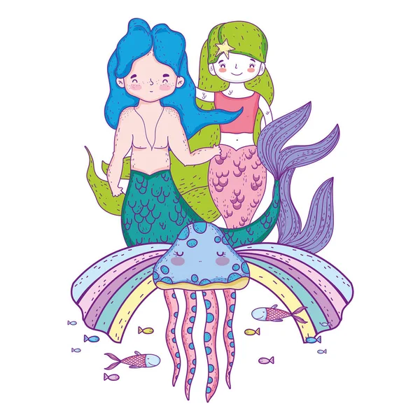 Couple Mermaids Rainbow Undersea Vector Illustration Design — Stock Vector